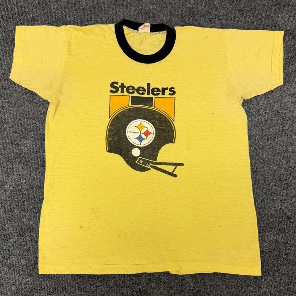 Vintage 70s Pittsburgh Steelers Ringer Tee Yellow NFL Kids XL Fits Womens Small